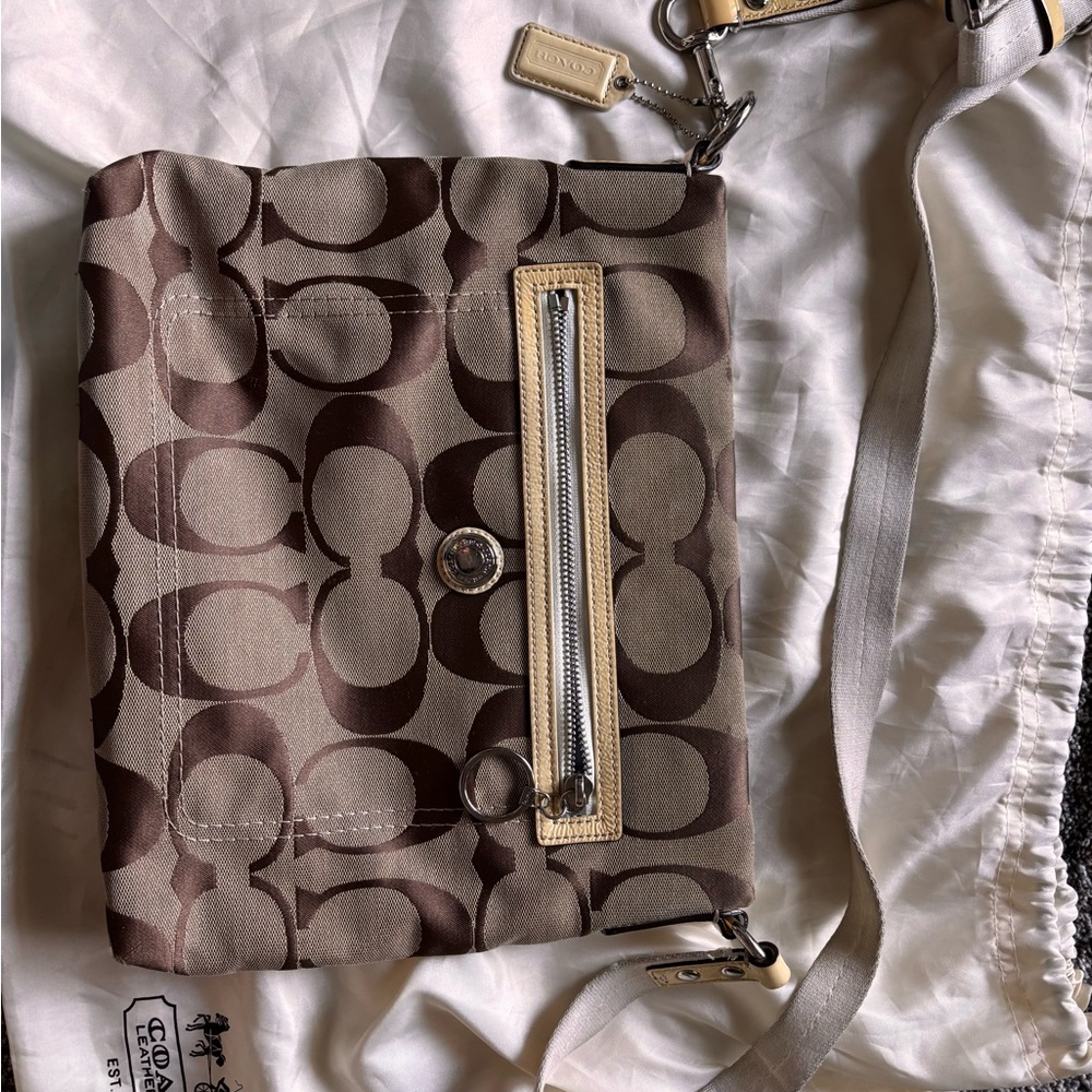 Coach Signature Brown and Cream Shoulder Bag